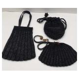 THREE BLACK BEADED LADIES, SMALL HANDBAGS
