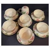 SET OF 6 DESSERT ROSE CUP AND SAUCERS AND SUGAR