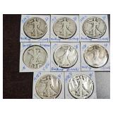 8 Walking Liberty Half Dollars, see photo