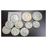 6- 40% Silver Half Dollars, 2 Ikes, 2 SBA