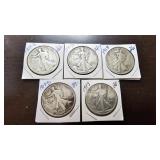 5 Walking Liberty Half Dollars