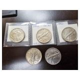 5 Walking Liberty Half Dollars