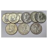 9- 90% Silver Half Dollars