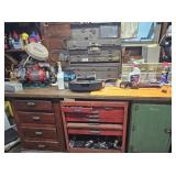 Workbench, Toolboxes, Tools, Grinder, Supplies.