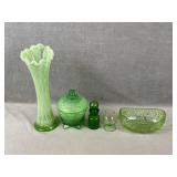 Green Glass Vase, Candy Dish, etc