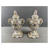 Dresden Style Encrusted Urns / Vases