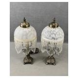 Pair of Frosted Glass Shade Lamps w Fringe