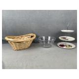 Dessert Tray Stand, Wicker Basket & Glass Bowl