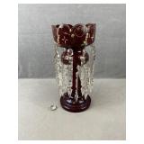 Cranberry Glass Lustre w Hanging Prisms