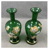 Pair of Hand Painted Green Glass Vases