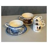 Pair of Large Teacups + Saucers, Measuring Cups
