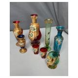 Collection of Red, Blue + Green Glass Vases, Cups