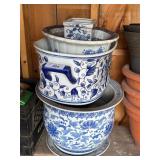 Collection of Five Blue and White Ceramic Pots