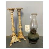 Pair of Cast Candle Sticks + Oil Lamp