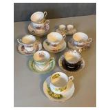 Nine China Tea Cups and Saucers, Six Matching