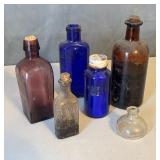 Six Antique Colored + Clear Glass Bottles