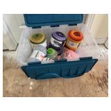 Plastic Storage Bin of Assorted Knitting Kits