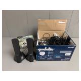 Box of Cables & PC Speakers & Binoculars