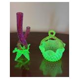 Victorian Vaseline Cranberry & Uranium Glass Pair