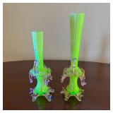Victorian Uranium White Trailed Glass Vases