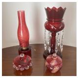 Ruby Red Dishes, Luster Vase & Converted Oil Lamp