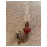 Cranberry Glass Peg Oil Lamp w/ Wall Bracket