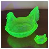 Pair of Uranium Vaseline Glass Hen on Nest