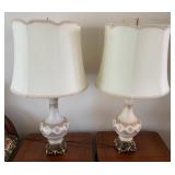 Pair of White Satin Glass Table Lamps w/ Gold