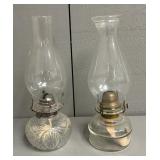 Two Glass Oil Lamps + Chimneys