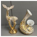 Gold Paint Overlay Vase and Deer Figurine