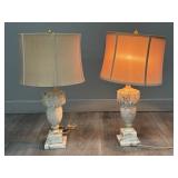 Pair of Carved Marble Table Lamp Bases + Shades