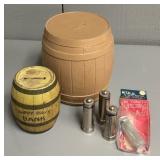 Dime Banks, Plastic Barrel Bank, Metal Bank