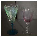 Two Etched Glass Wine Goblets