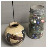 Mason Jar With Marbles + Japanese Pottery Vase