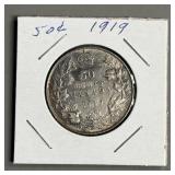 1919 50 Cent Canadian Sterling Silver Coin