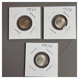 Three 10 Cent Canadian Sterling Silver Coins