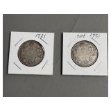 Two 1931 50 Cent Canadian Silver Coins