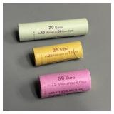 Three Rolls of 2002 Uncirculated Euro Coins