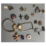 Assorted Pins, Sterling Silver Earrings, Watches