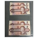Four 1986 Canadian Two Dollar Bills