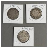 Three 1920 50 Cent Canadian Silver Coins
