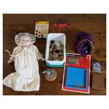Assorted Games Pieces, Marbles, Porcelain Dolly