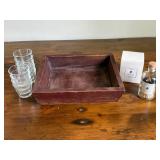 Old Wooden Box/Tray, Glass Candle Holders, Matches