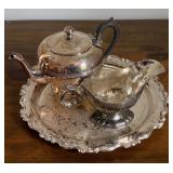 Silver Plate Service Tray, Teapot + Sauce Boat