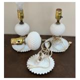 Trio of Vintage Hobnail Milk Glass Table Lamps