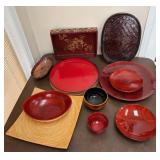 Collection of Wood + Lacquerware Trays, Bowls
