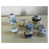 Eight Tiny Porcelain and Enamel Trinket Boxes