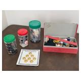 Assorted Buttons + Sewing Items in Box