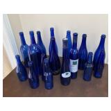 Box of Blue Glass Sake and Miscellaneous Bottles