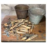 Two Metal Buckets with Wooden Pegs